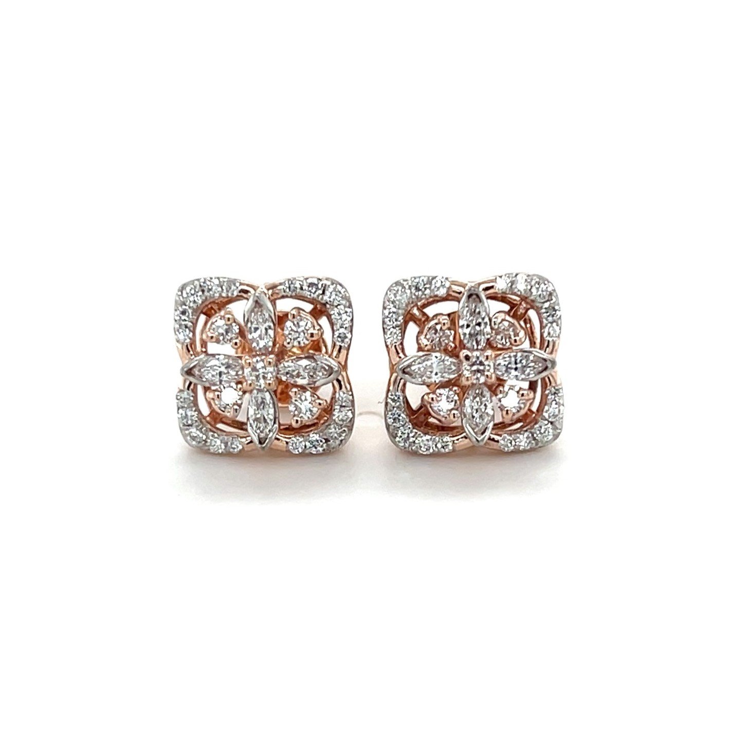 Ornate Diamond Stud Earrings in 18K Rose Gold - Exquisite Floral Design