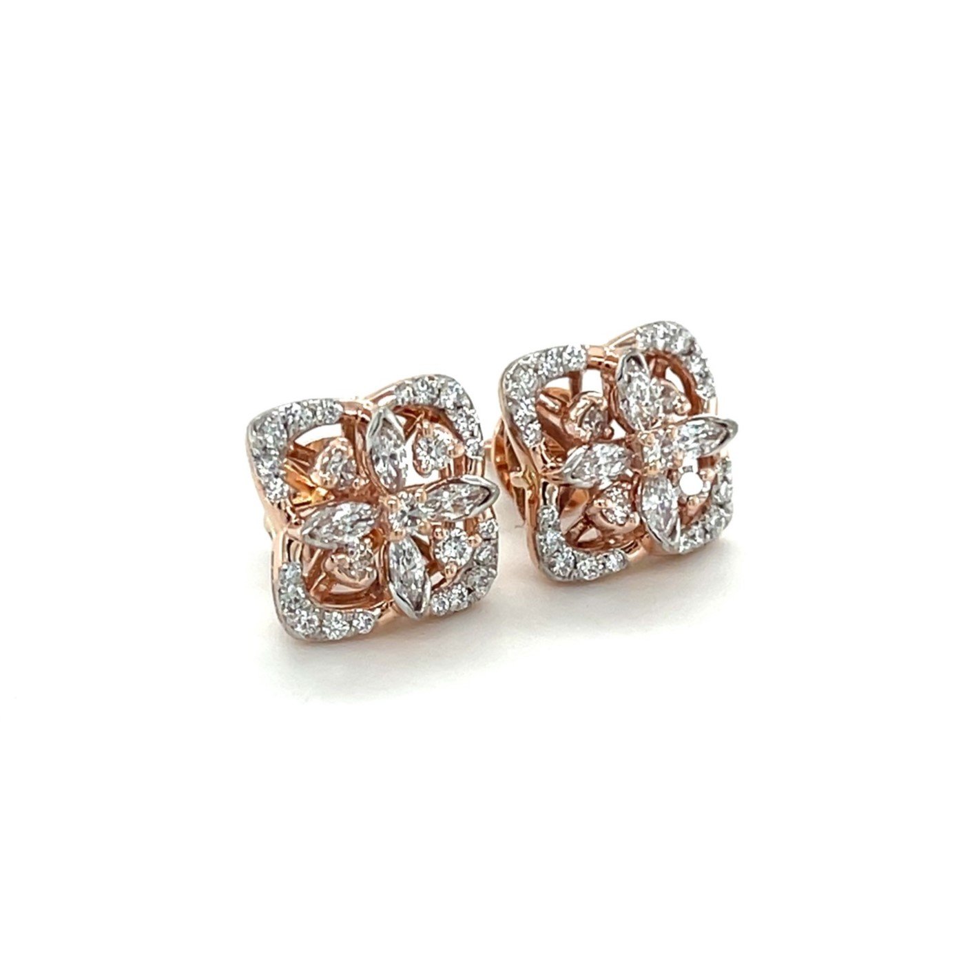 Ornate Diamond Stud Earrings in 18K Rose Gold - Exquisite Floral Design