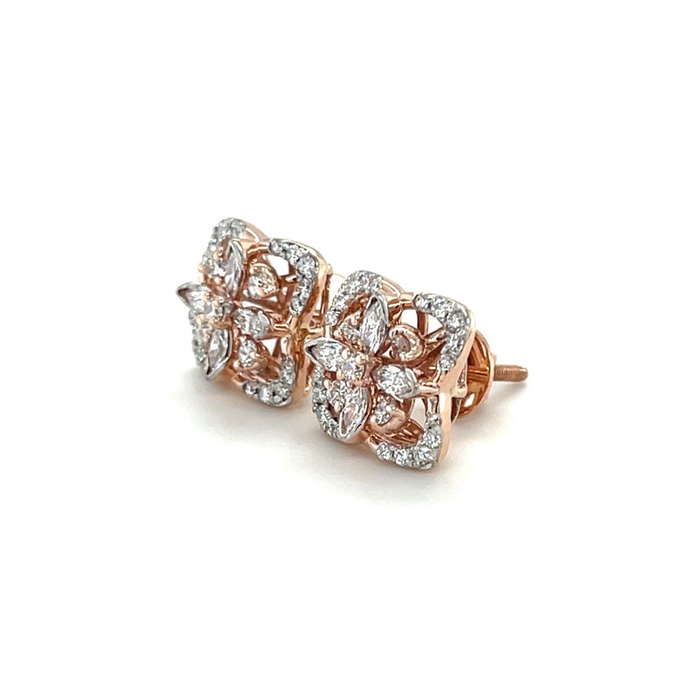 Ornate Diamond Stud Earrings in 18K Rose Gold - Exquisite Floral Design