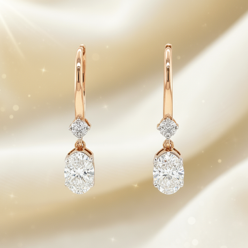 Royale Diamonds – Modern Oval-Illusion Natural Diamond Lever-Back Earrings in 18K Rose Gold (1.06 ctw, IGI)