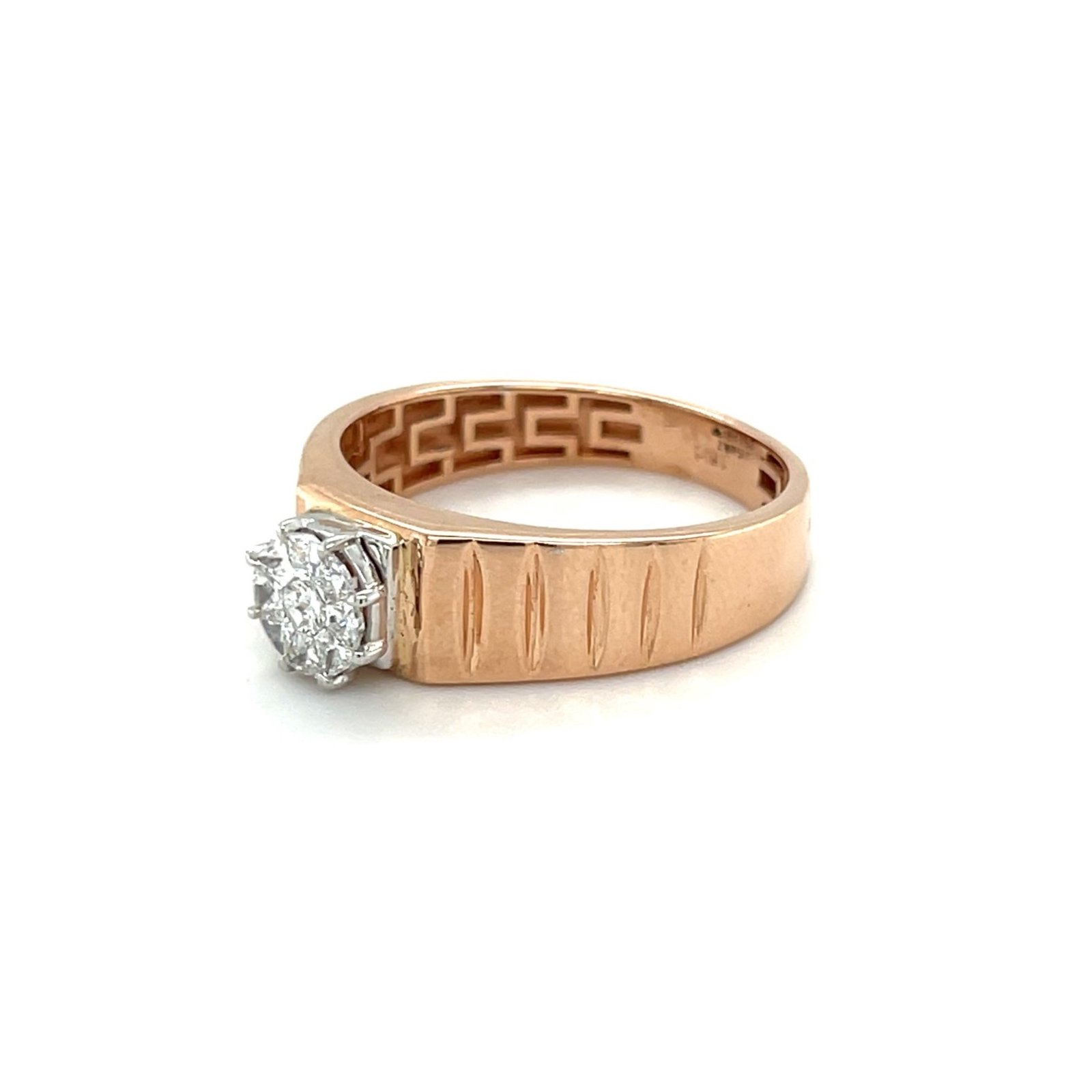 Stunning 18K Rose Gold Diamond Cluster Ring with Grooved Band