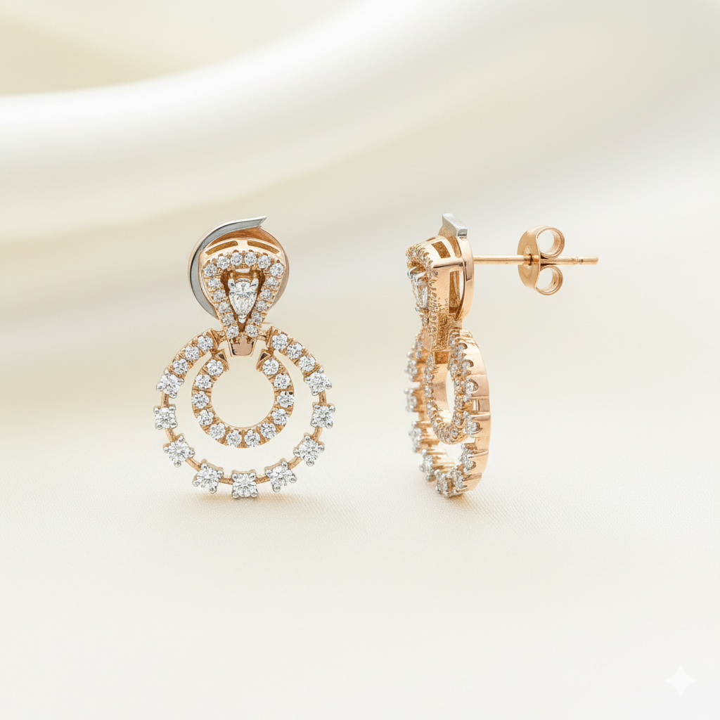18K Rose Gold Double-Circle Diamond Stud Earrings with Pear Top, IGI Certified (ER00593)