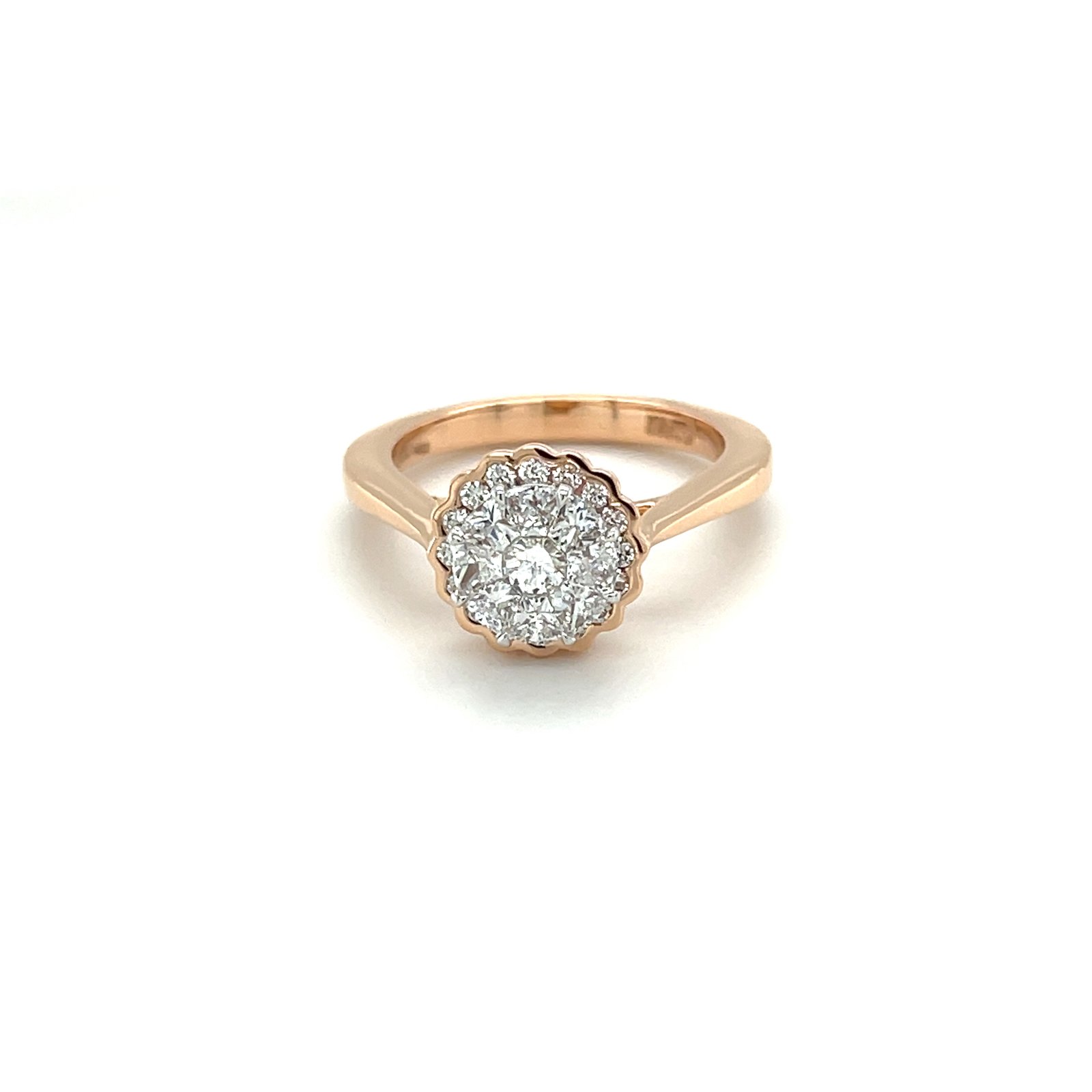 18K Rose Gold Round Illusion Cluster Diamond Ring with Scalloped Halo, IGI Certified (LR00587)