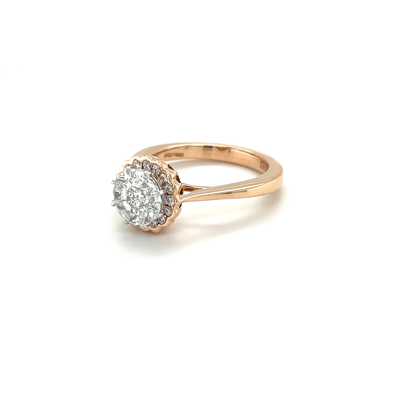 18K Rose Gold Round Illusion Cluster Diamond Ring with Scalloped Halo, IGI Certified (LR00587)