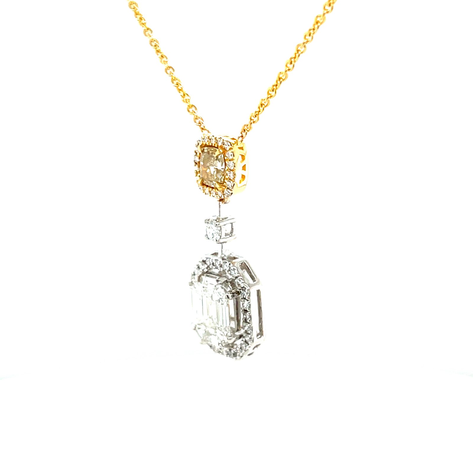 Royale Diamonds – Aurora Natural Yellow Diamond & Emerald-Cut Illusion Halo Pendant Necklace in 18K Gold