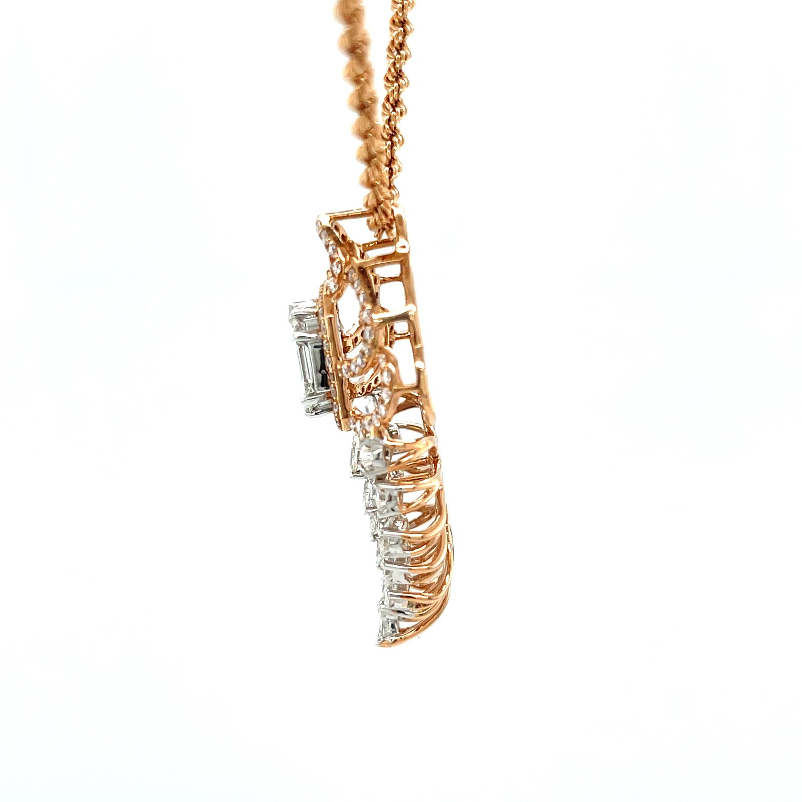 Royale Diamonds – Modern Leaf Motif Natural Diamond Pendant with Emerald-Cut Illusion Center in 18K Rose Gold (1.64 cts)