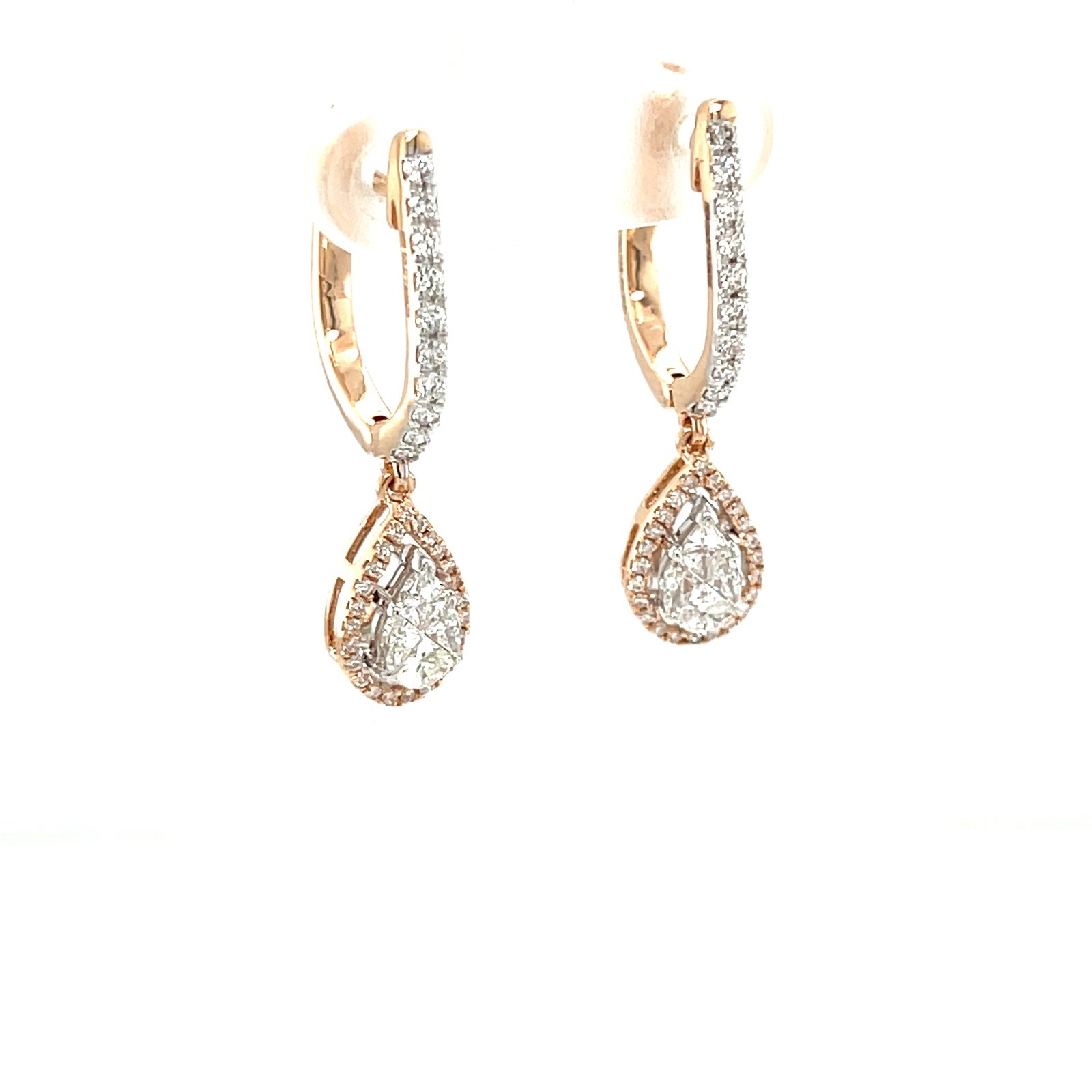 Royale Diamonds – Modern Pear-Illusion Halo Diamond Lever-Back Earrings in 18K Rose Gold (1.04 ctw, IGI)