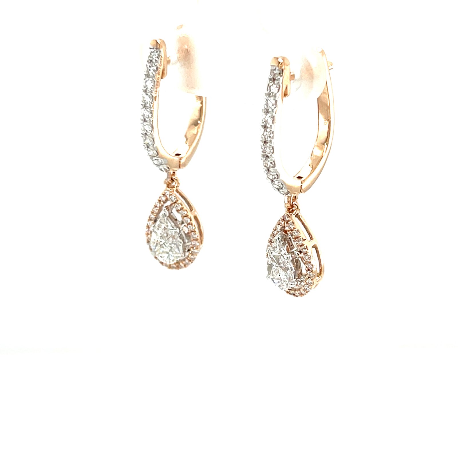 Royale Diamonds – Modern Pear-Illusion Halo Diamond Lever-Back Earrings in 18K Rose Gold (1.04 ctw, IGI)