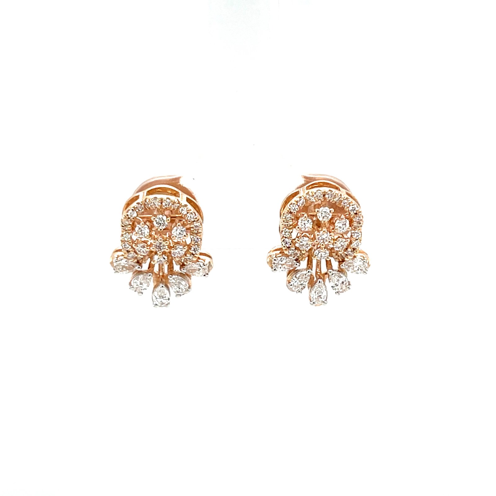 18K Rose Gold Floral Cluster Diamond Stud Earrings with Pear-Drop Accents, IGI Certified (ER00590)