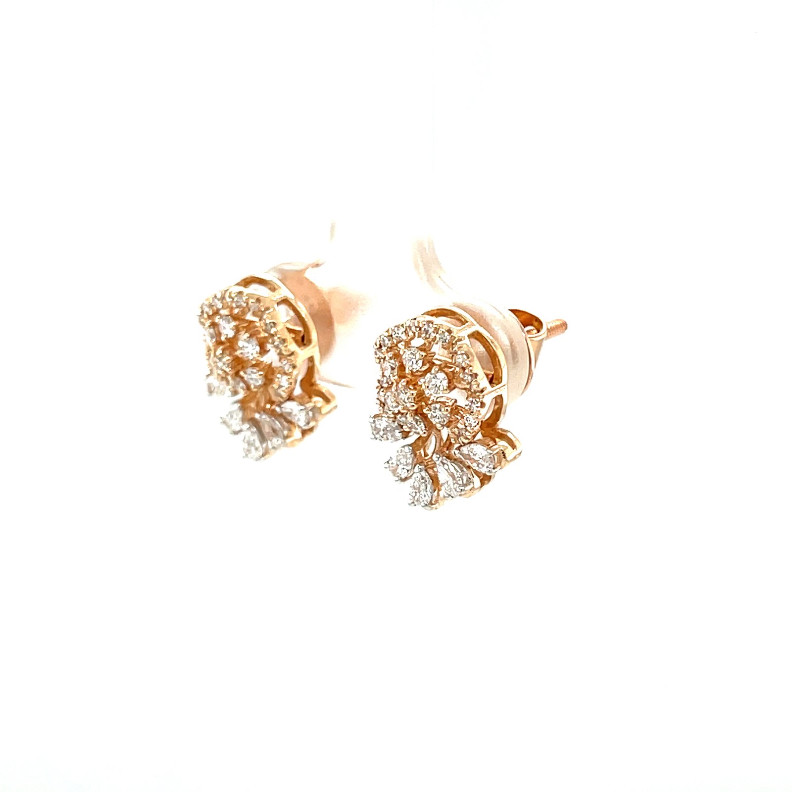18K Rose Gold Floral Cluster Diamond Stud Earrings with Pear-Drop Accents, IGI Certified (ER00590)