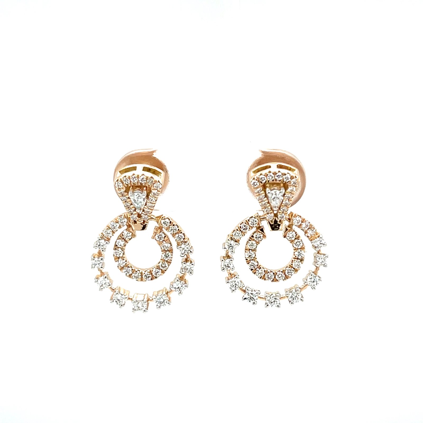 18K Rose Gold Double-Circle Diamond Stud Earrings with Pear Top, IGI Certified (ER00593)