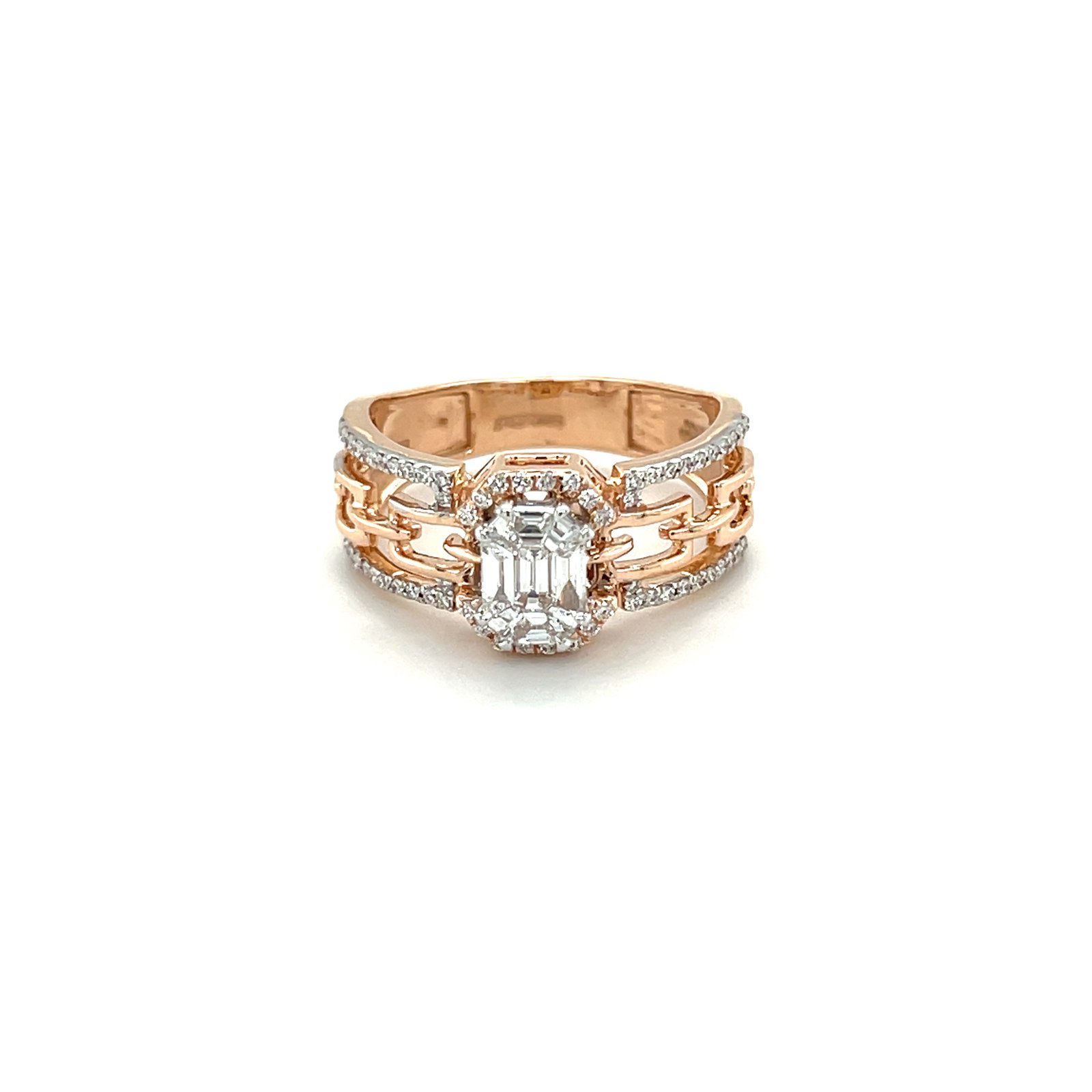 18K Rose Gold Emerald-Shape Cluster Diamond Ring with Link Split Shank — IGI Certified (LR00585)