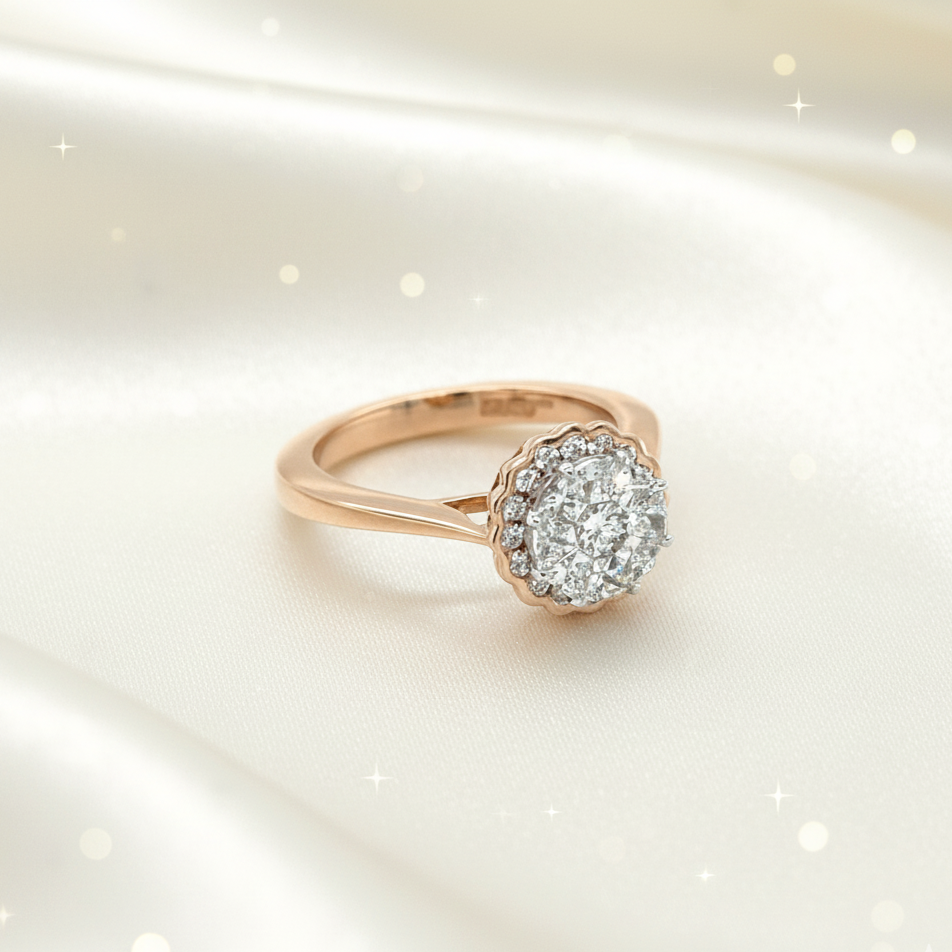 18K Rose Gold Round Illusion Cluster Diamond Ring with Scalloped Halo, IGI Certified (LR00587)