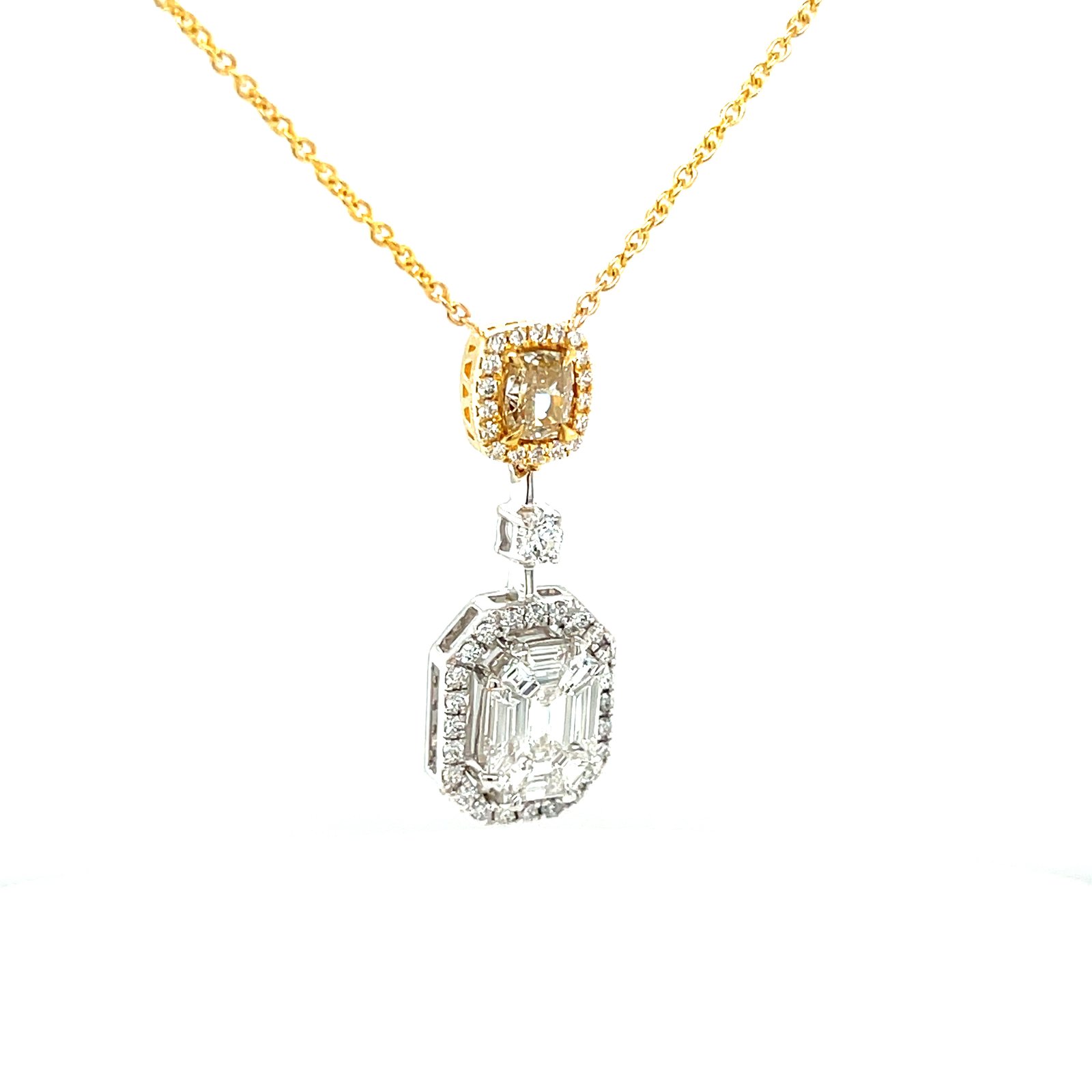 Royale Diamonds – Aurora Natural Yellow Diamond & Emerald-Cut Illusion Halo Pendant Necklace in 18K Gold