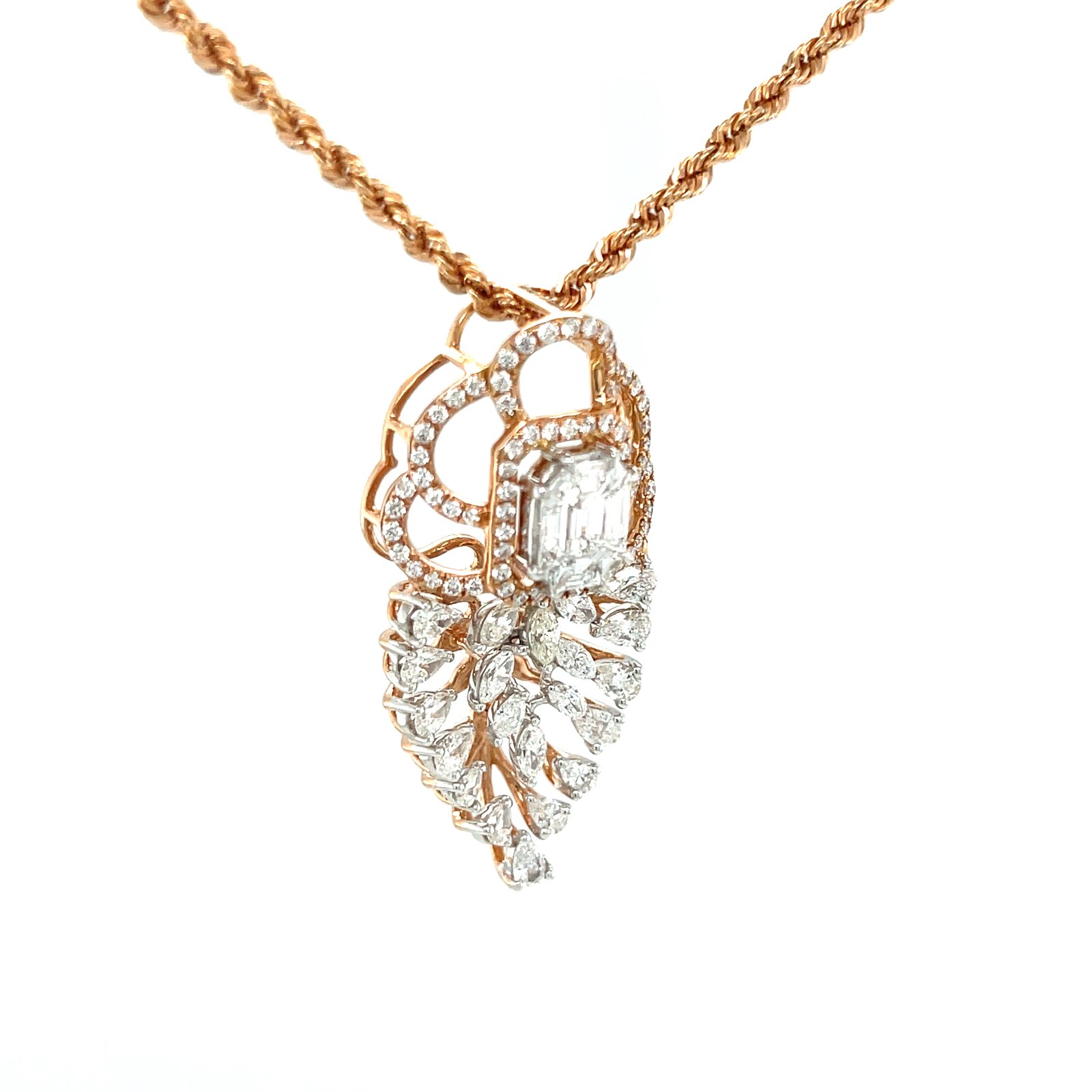 Royale Diamonds – Modern Leaf Motif Natural Diamond Pendant with Emerald-Cut Illusion Center in 18K Rose Gold (1.64 cts)