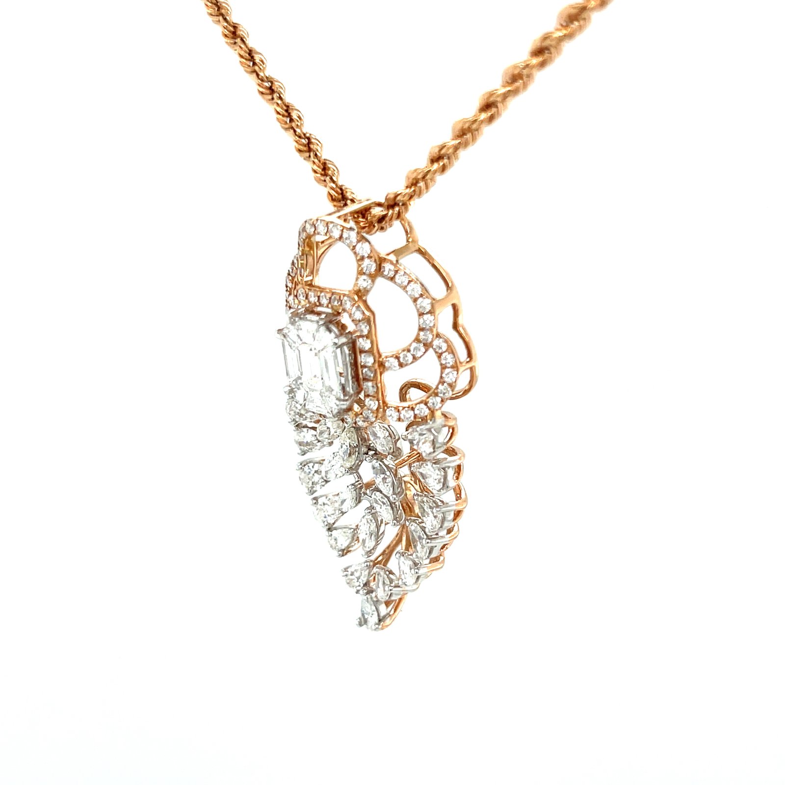 Royale Diamonds – Modern Leaf Motif Natural Diamond Pendant with Emerald-Cut Illusion Center in 18K Rose Gold (1.64 cts)