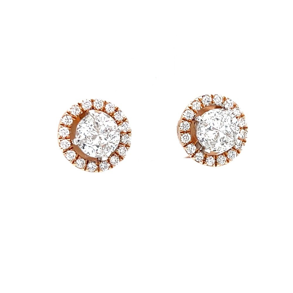 Solitaire studs with halo diamond border in pressure set 0top98