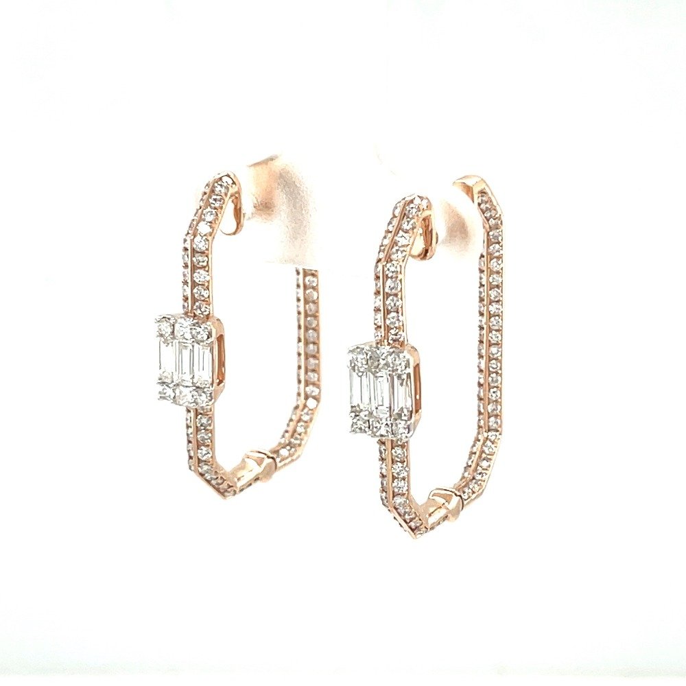 Hexagon Hoop Earring with Baguette and Round Diamond