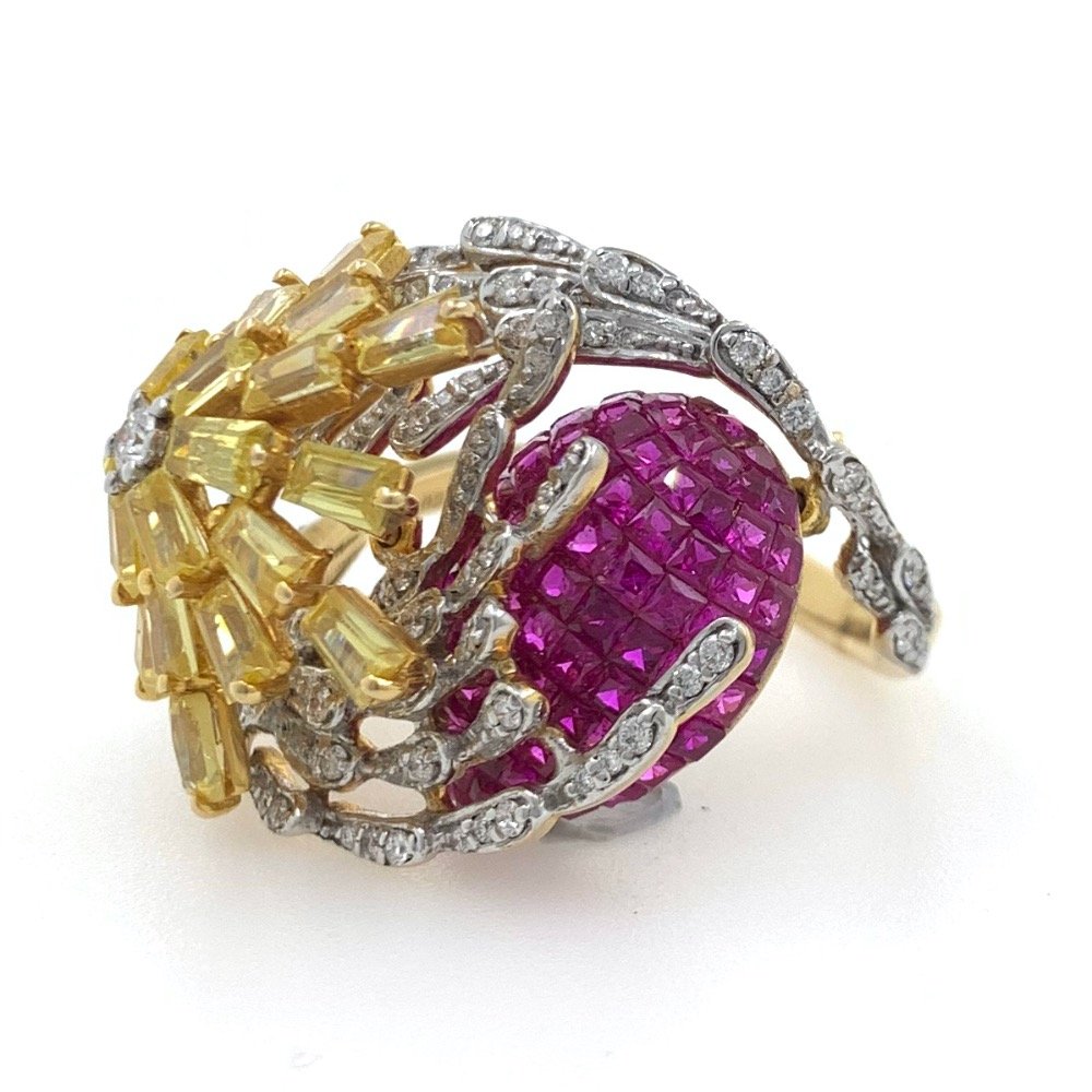 18kt / 750 yellow gold classy cocktail diamond & coloured stone ladies ring 5lr686